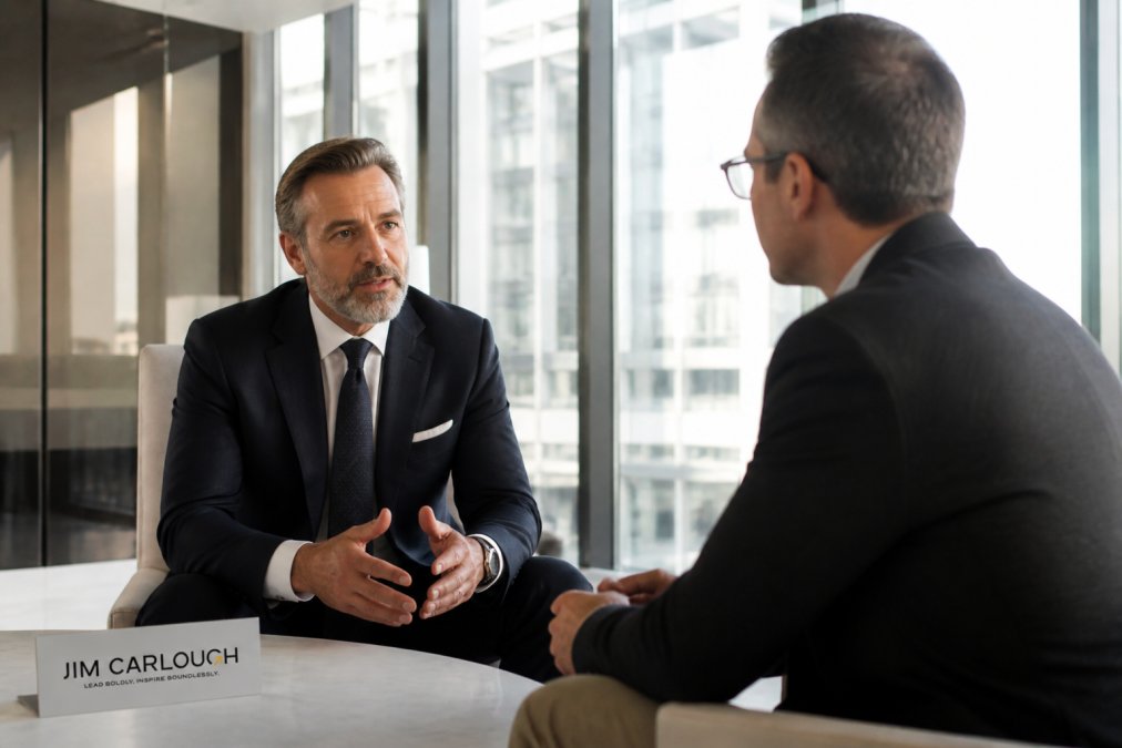 A senior executive in a tailored suit having a reflective conversation with a coach in a bright, modern office with a glass wall