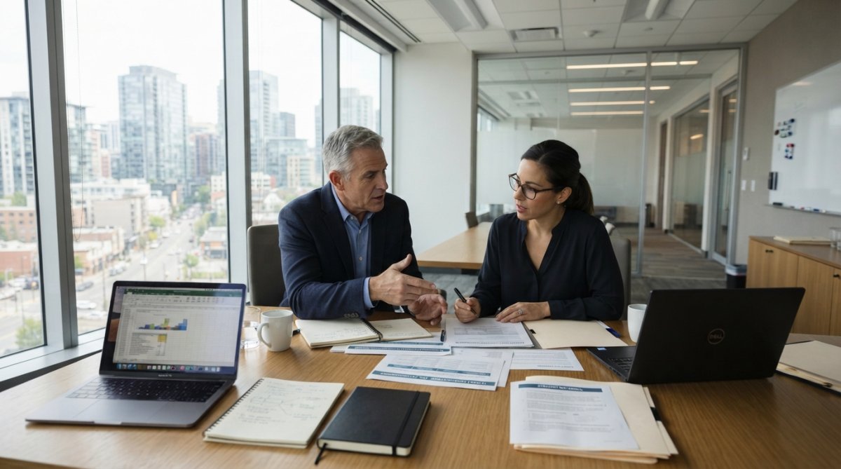 Senior executive and HR leader reviewing leadership development strategy in a modern corporate conference room with laptops, planning documents, and strategy materials spread across a polished table, natural light from large windows