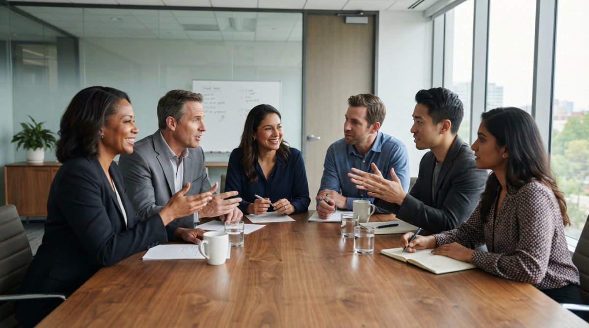 Diverse leadership team of men and women engaged in collaborative discussion around a polished conference table, leaning forward with genuine engagement, demonstrating authentic connection and character-driven leadership in a modern corporate setting with soft natural lighting