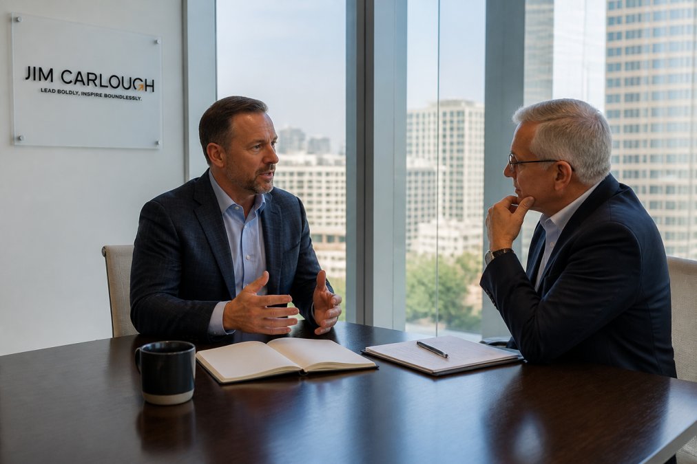 Executive coach and senior leader engaged in thoughtful discussion at a conference table in a modern office with floor-to-ceiling windows, natural daylight illuminating their collaborative work