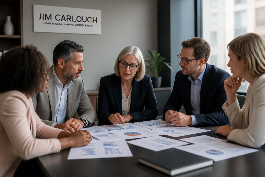 Group of senior leaders in a collaborative meeting room, reviewing performance dashboards and discussing team engagement metrics together, with charts and documents visible on the table