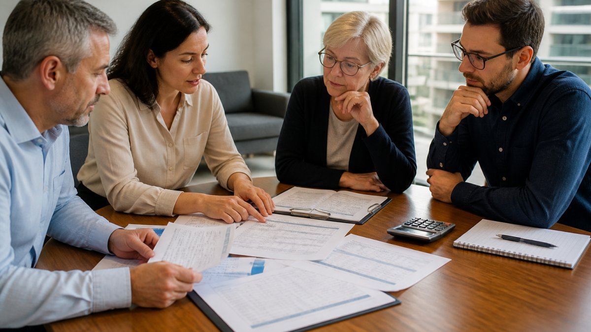 Professional strata committee members reviewing financial documents and budget spreadsheets around a meeting table, discussing levy increases with natural office lighting