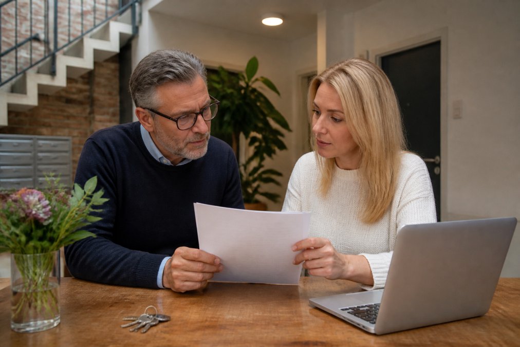 Two committee members reviewing a printed strata management checklist at a dining table in a small apartment building common area, with keys and a laptop nearby