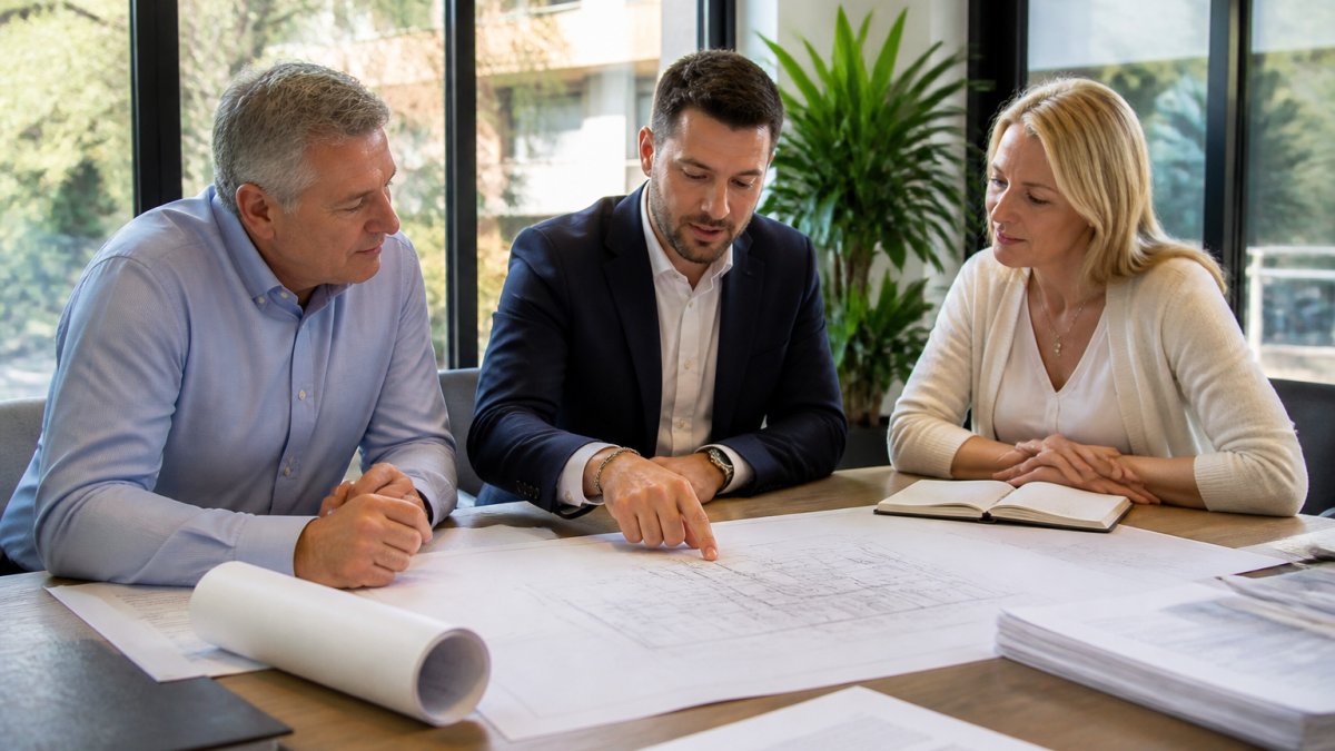 Professional strata manager reviewing property documents and building plans with committee members in a modern office meeting room with natural lighting