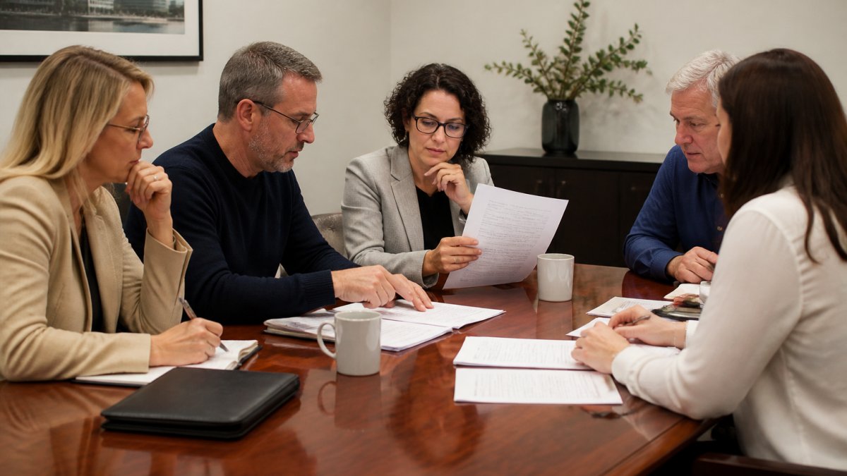 Committee members gathered around a polished wooden table during a strata meeting, reviewing transition documents and discussing management changes under warm office lighting