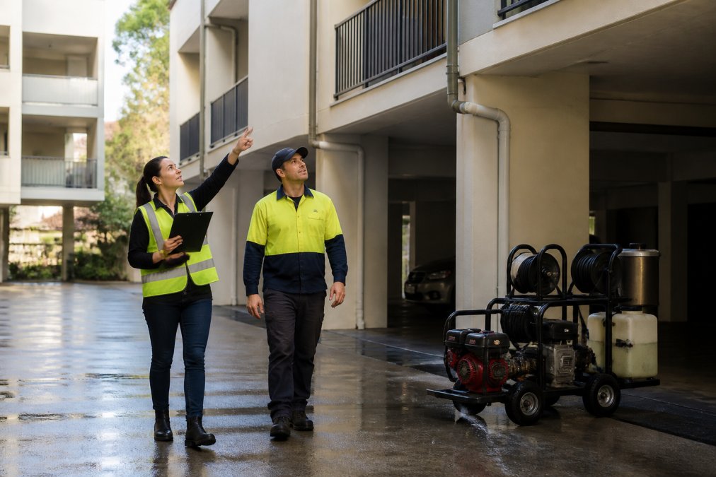 Strata manager and cleaner inspecting gutters for strata property exterior maintenance tips.