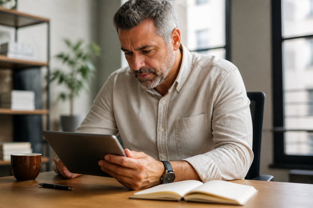 A business owner reviewing performance metrics on a tablet while sitting in a modern office with a notebook and coffee nearby