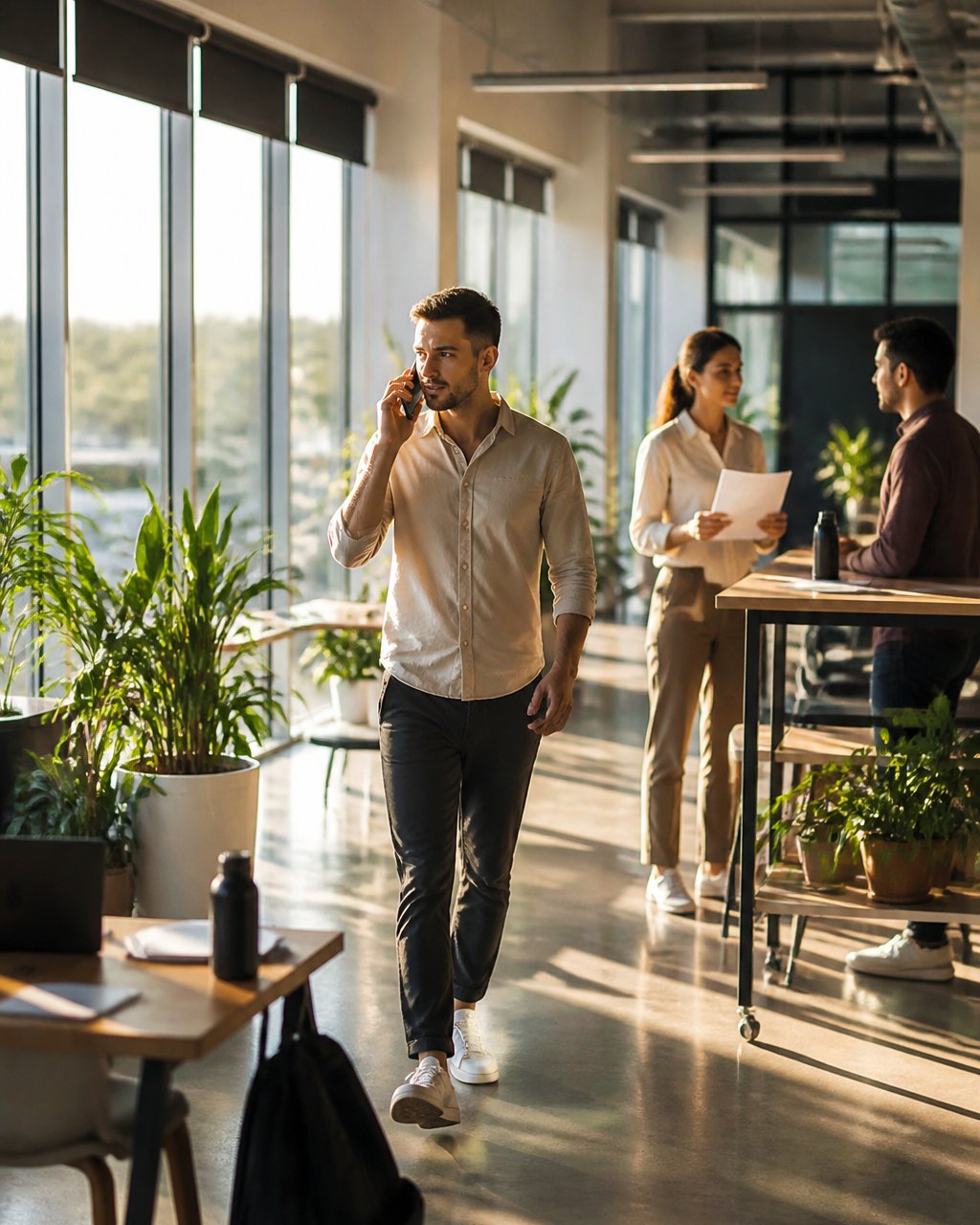 Startup team collaborating at modern standing desks in bright open office space with flexible furniture arrangement and natural light streaming through windows