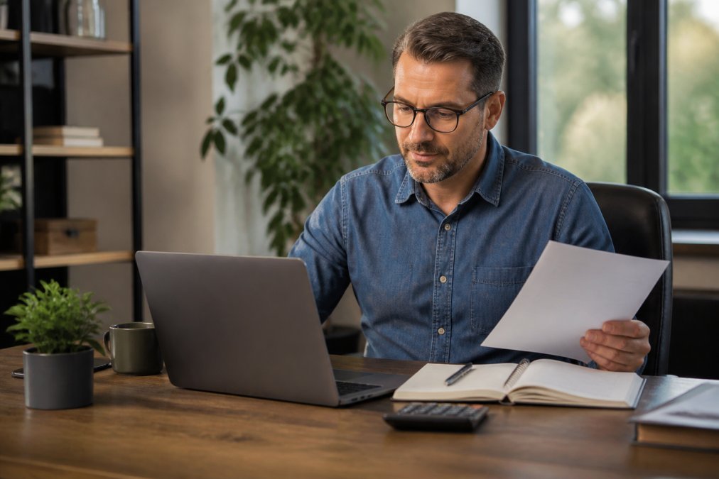 Founder reviewing financial reports on a laptop for strategic financial guidance for founders at their desk.