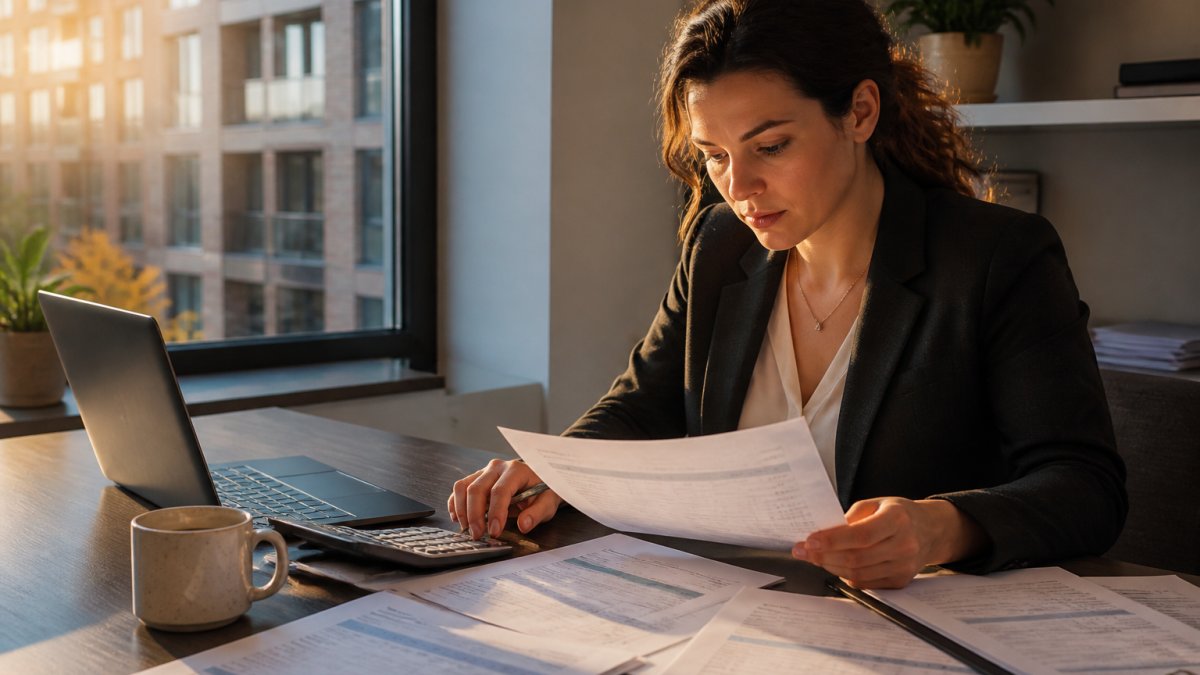 Accountant reviewing financial reports and property dashboards for strategic financial planning for multifamily property