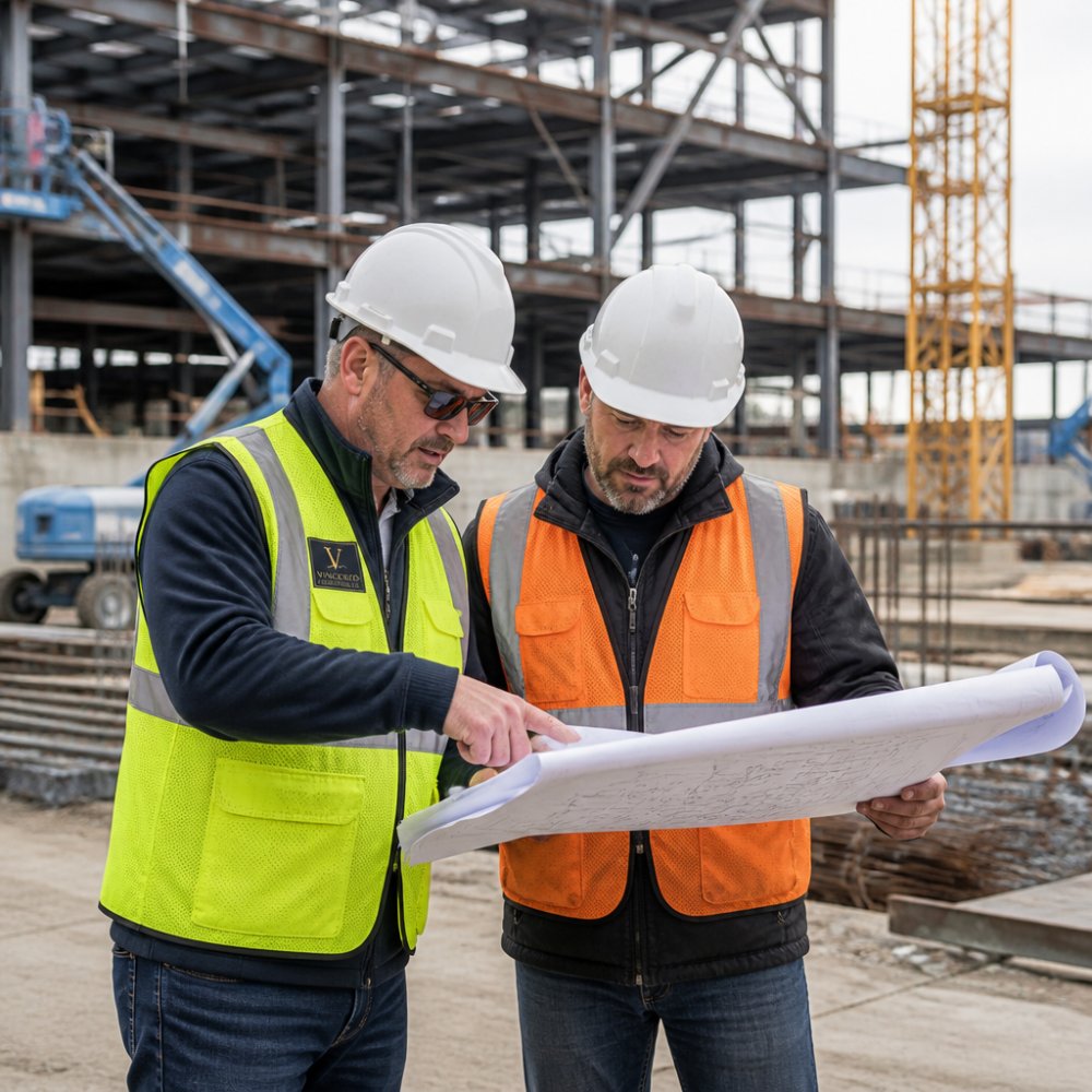 Owner's representative and contractor reviewing site plans, ensuring strategic oversight on a commercial project.