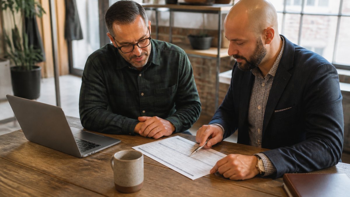 Business owner and advisor reviewing a 90-day one-page strategic plan to reach 1 million revenue.