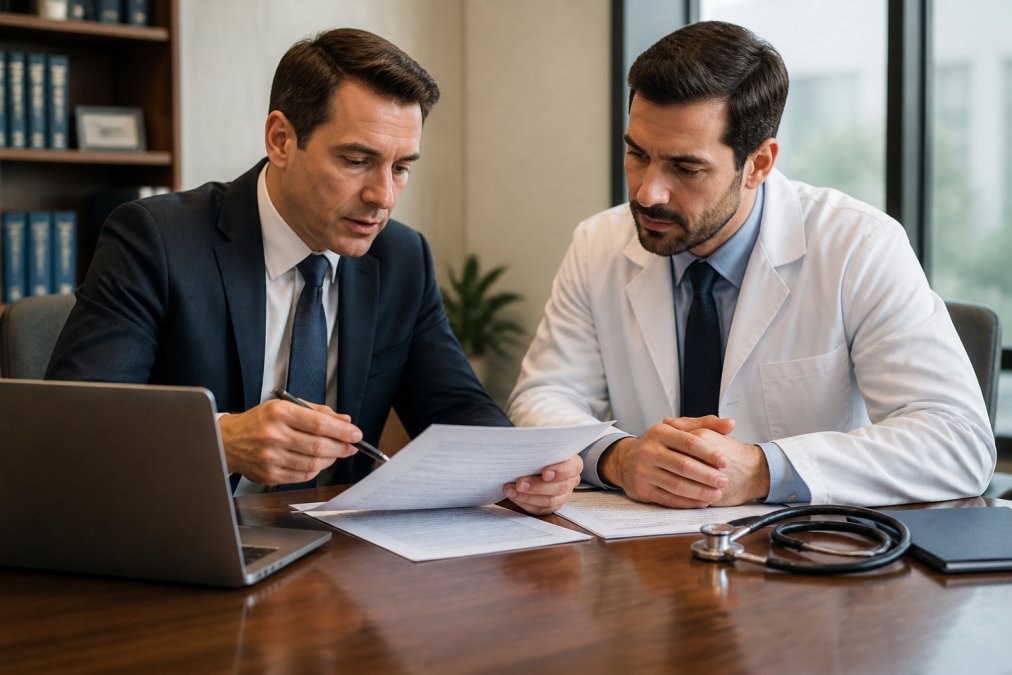 A healthcare attorney and a physician reviewing business formation documents at a wooden conference table, with a laptop and a stethoscope nearby