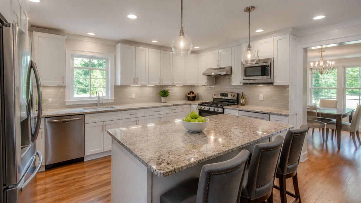 Bright, renovated kitchen with updated cabinetry, granite countertops, and stainless steel appliances, showing modern transformation from a dated cooking space