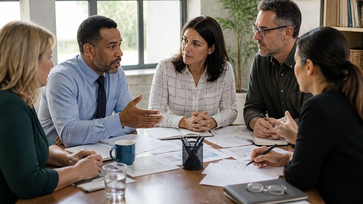 School leadership team gathered around a modern conference table in a bright office space, reviewing strategic documents together with engaged body language and collaborative discussion