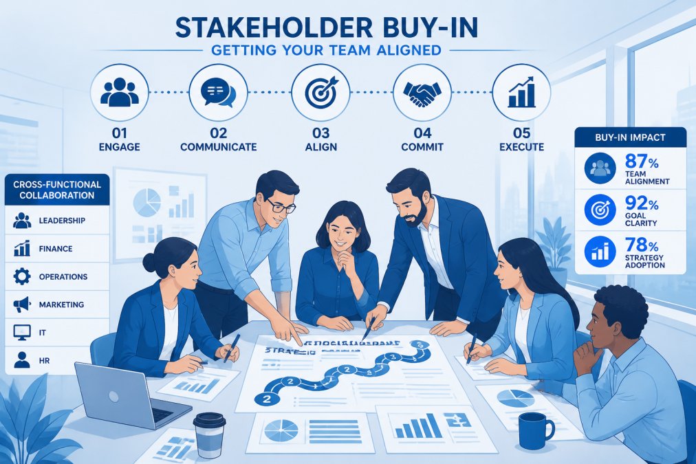 Business team members collaborating in a modern office, pointing to documents and discussing strategy, showing cross-functional collaboration and engagement with natural lighting