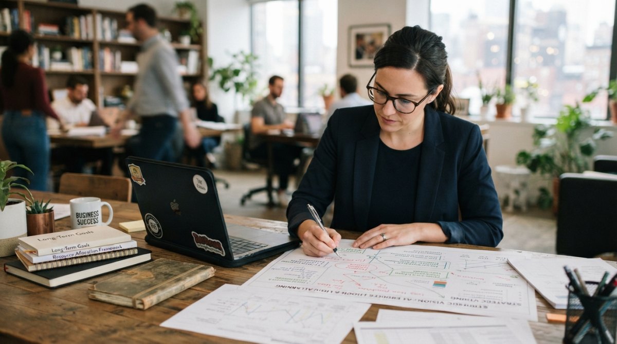 Entrepreneur reviewing strategic business plans and competitive analysis documents at desk with laptop, notebook, and coffee cup in modern office setting with natural window lighting
