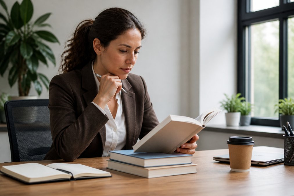 HR professional reviewing course materials on a laptop at a clean office desk, notepad and pen beside them, natural window light