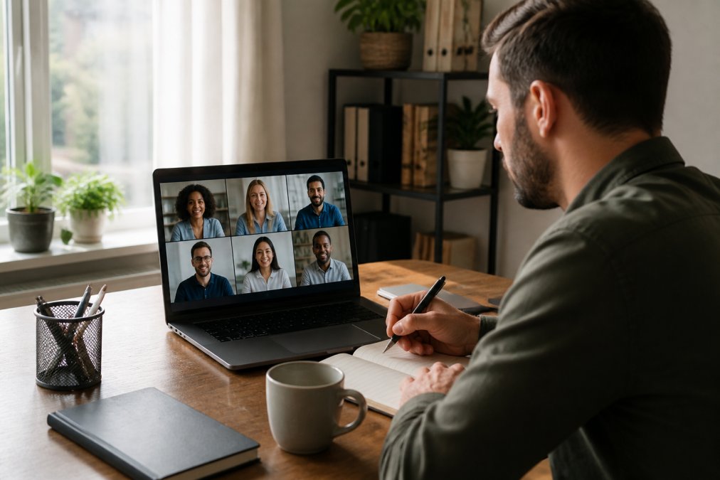 Diverse team of professionals on a video call displayed on a laptop screen, one person taking notes in a home office setting, warm natural light from a nearby window