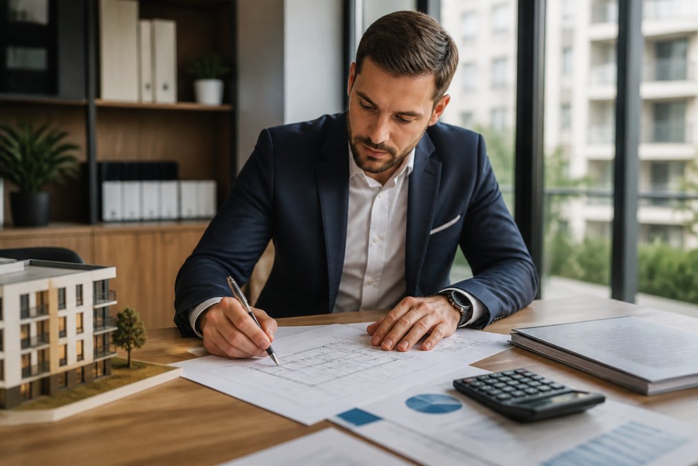 Investisseur examinant les plans d'un immeuble de rapport, stylo à la main, calculatrice et documents financiers visibles, environnement de bureau professionnel