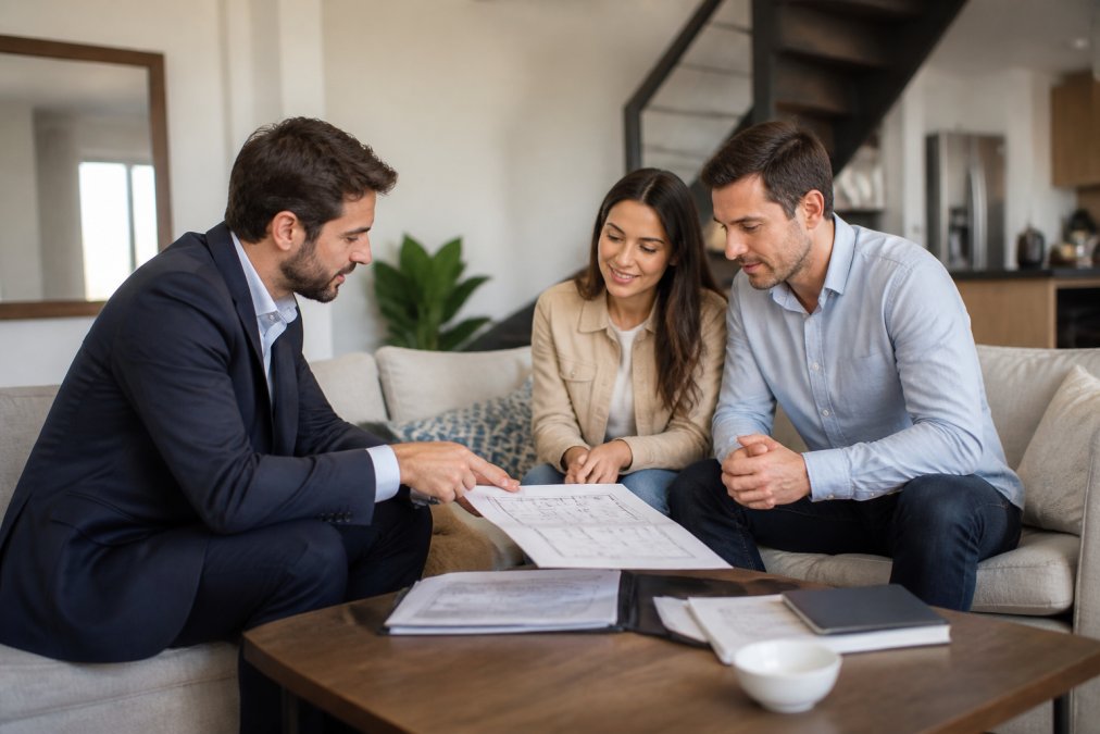 Conseiller immobilier en conversation avec un couple de clients dans un salon lumineux, montrant des documents et expliquant les détails d'une propriété