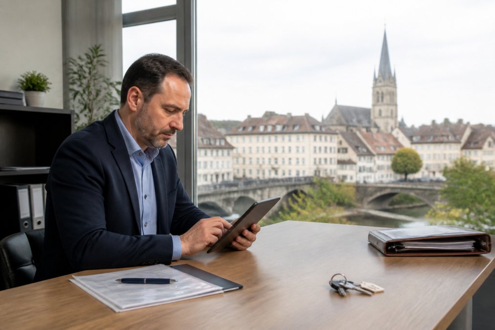 Agent immobilier consultant des données de marché sur une tablette dans un bureau professionnel montluçonnais, avec des graphiques de tendances locales visibles en arrière-plan et une fenêtre donnant sur la ville
