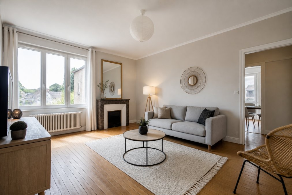 Salon lumineux d'une maison montluçonnaise, meublé sobrement avec des éléments de décoration modernes et épurée, montrant l'impact visuel d'une bonne mise en valeur avec des murs peints en couleurs neutres et des fenêtres laissant entrer la lumière naturelle
