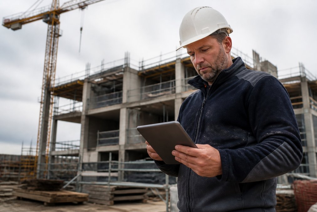 Een bouwondernemer in werkkleding die op een bouwplaats een tablet vasthoudt en een acquisitiestrategie of klantgegevens bekijkt, met op de achtergrond een half afgebouwd pand en hijskraan