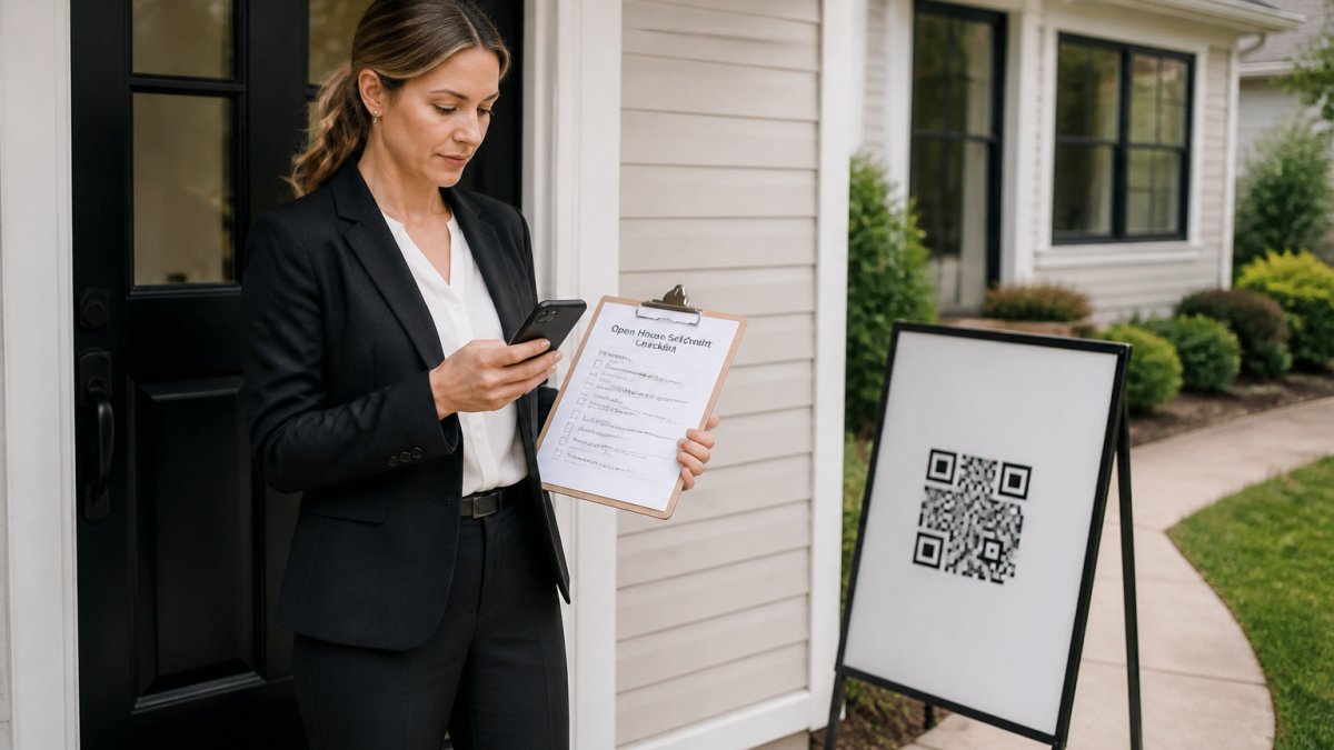 A real estate agent in professional attire standing at the front door of a home, holding a smartphone and checking a printed checklist on a clipboard, with a branded QR code sign visible on an easel nearby