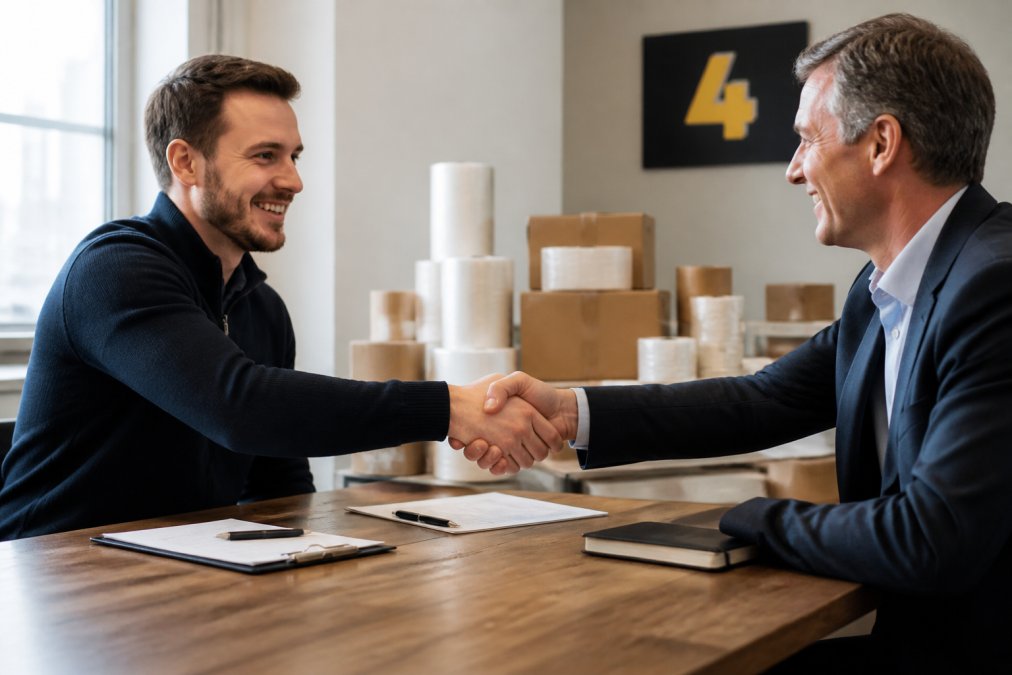 Two business professionals shaking hands across a desk in a bright office, with documents and a laptop visible, symbolising a successful negotiation
