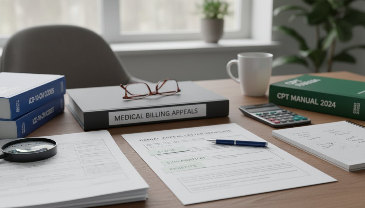 Close-up of a healthcare administrator writing a formal appeal letter at a desk with printed Explanation of Benefits documents and a laptop open nearby