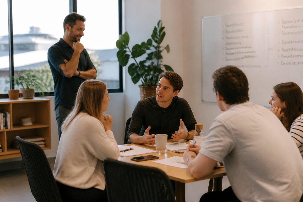 A founder standing back while a small team runs a client meeting in a bright modern Australian office, whiteboard with process notes visible, founder observing rather than leading