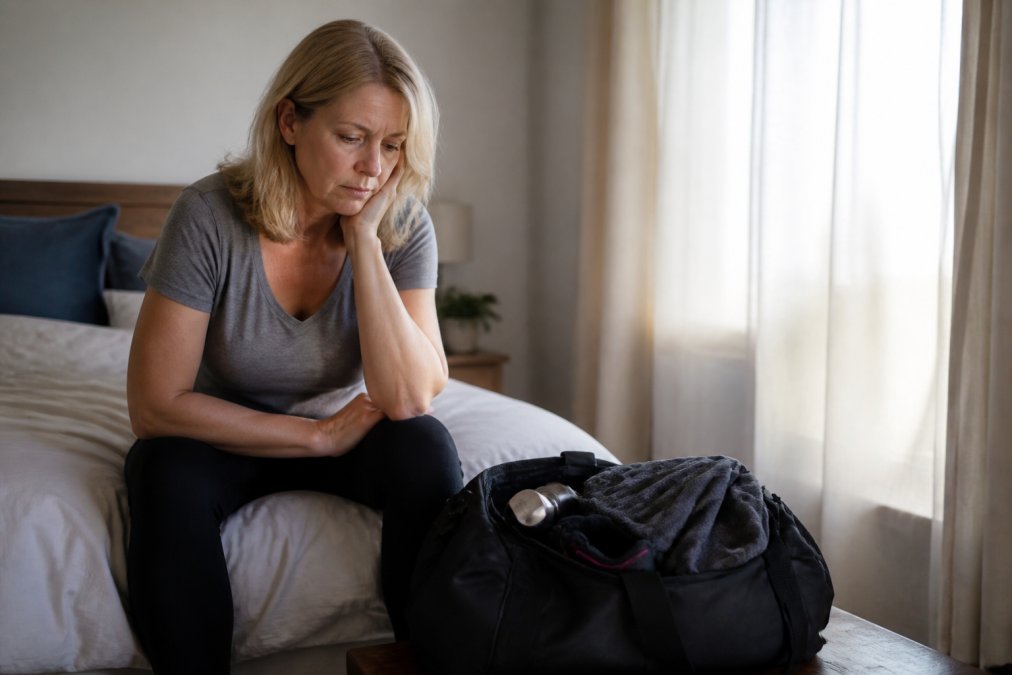 A woman in her 40s sitting on the edge of a bed, looking at a half-packed gym bag with a defeated expression, morning light coming through curtains