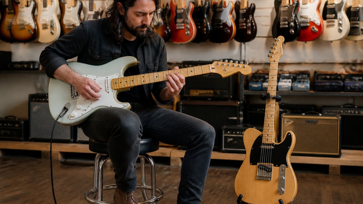 A guitarist seated on a stool in a music shop, playing a contoured Stratocaster-style electric guitar, with a slab-body Telecaster-style guitar resting on a stand nearby in warm indoor lighting