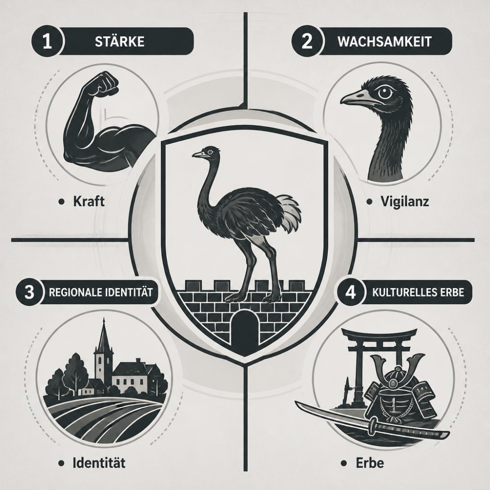 Diagramm mit vier Quadranten um ein zentrales Wappensymbol: 1) Stärke/Kraft, 2) Wachsamkeit/Vigilanz, 3) Regionale Identität, 4) Kulturelles Erbe - beschriftet mit je einem Stichpunkt pro Feld
