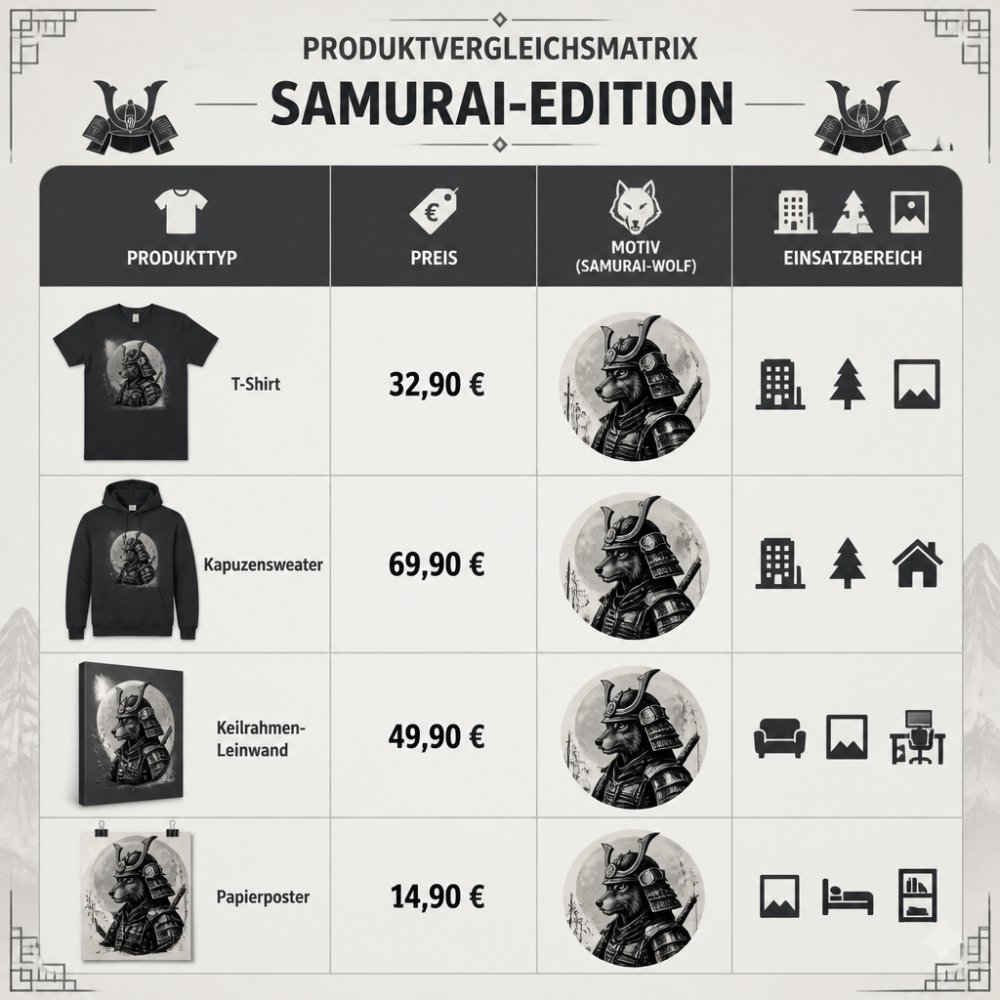 Produktvergleichsmatrix Samurai-Edition: Zeilen = T-Shirt 32,90 €, Kapuzensweater 69,90 €, Keilrahmen-Leinwand 49,90 €, Papierposter 14,90 €; Spalten = Produkttyp, Preis, Motiv (Samurai-Wolf), Einsatzbereich