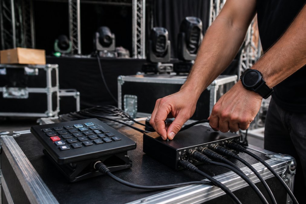 Professional hands connecting a Stream Deck USB cable to a DMX hub during live event setup