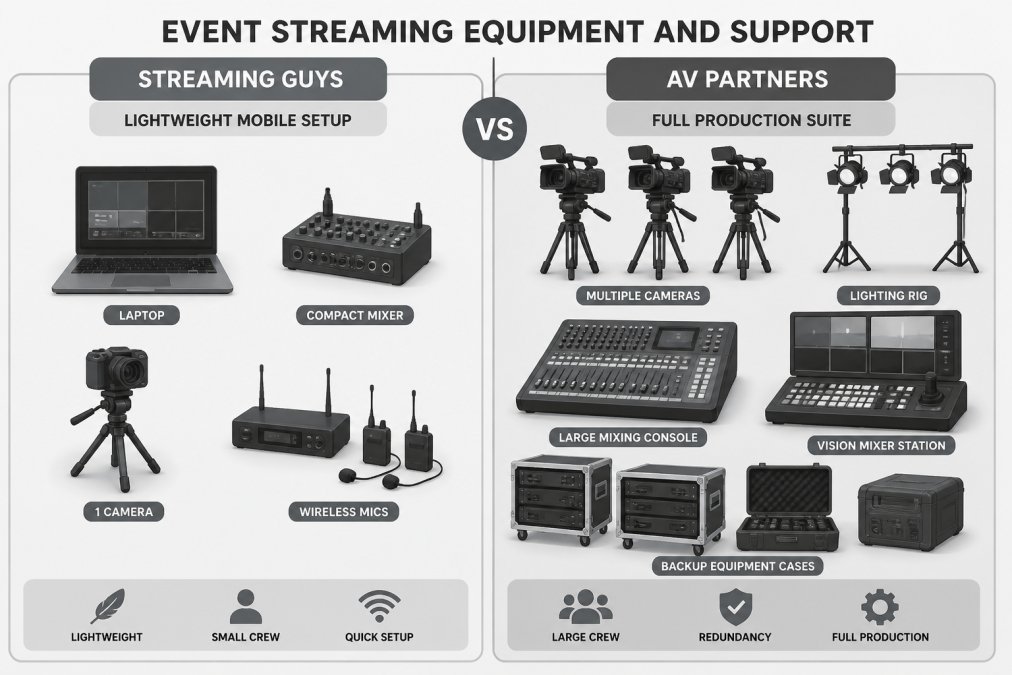 Side-by-side comparison diagram showing Streaming Guys' lightweight mobile setup (laptop, compact mixer, one camera, wireless mics) versus AV Partners' full production suite (multiple cameras on tripods, large mixing console, lighting rig, vision mixer station, backup equipment cases)