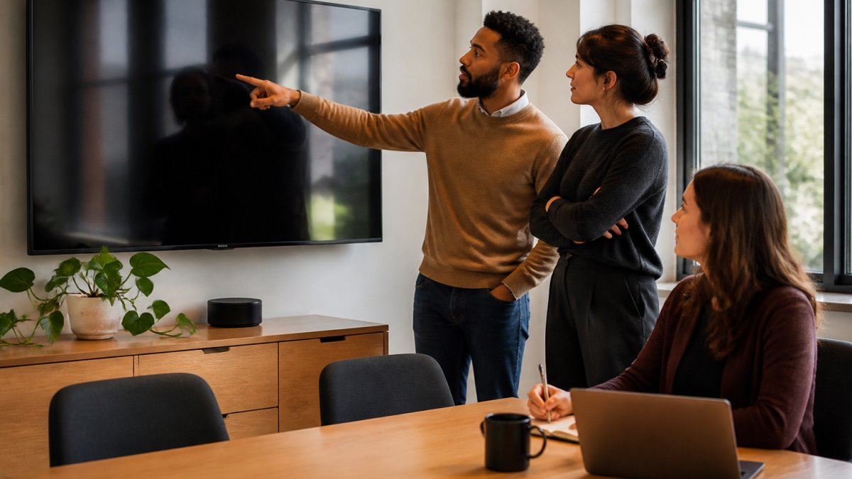 Small agency team reviewing AI workflows on a monitor during a meeting