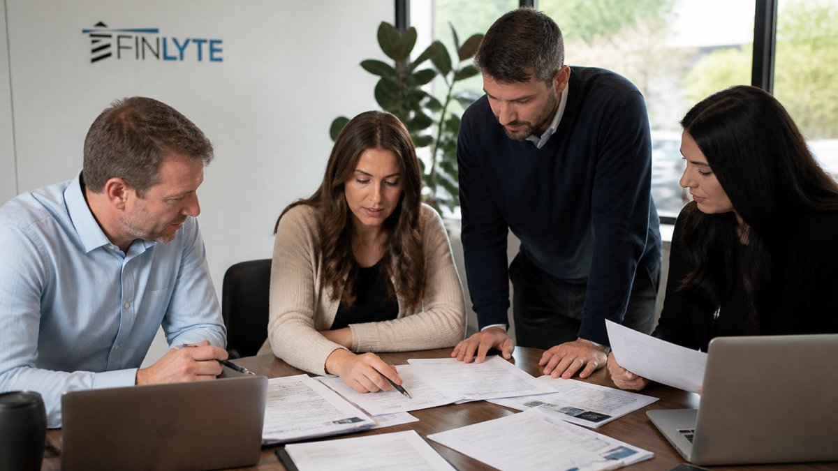 Finance team members gathered around a table reviewing close tasks and documentation, with laptops and printed reports visible, showing collaborative problem-solving in action