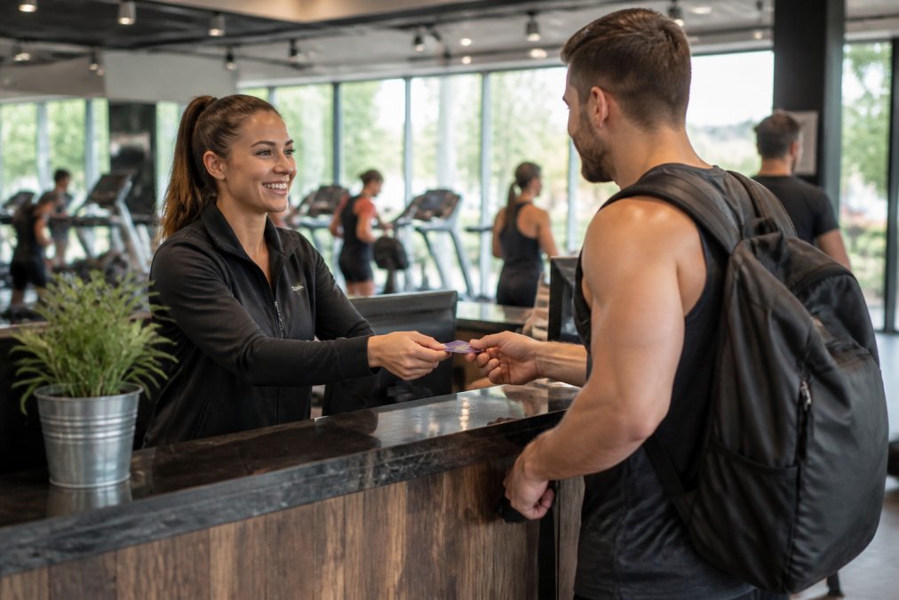A friendly gym receptionist greeting a member at a bright, modern front desk with a tablet check-in kiosk nearby and a queue-free lobby