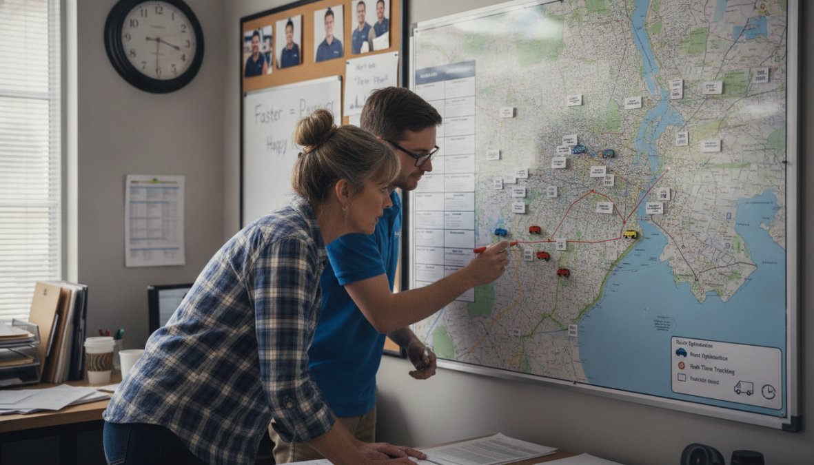 A dispatcher in a well-lit office monitoring a large computer screen showing a live dispatch board with technician location pins and color-coded job assignments on a city map, with a headset on and notepad nearby