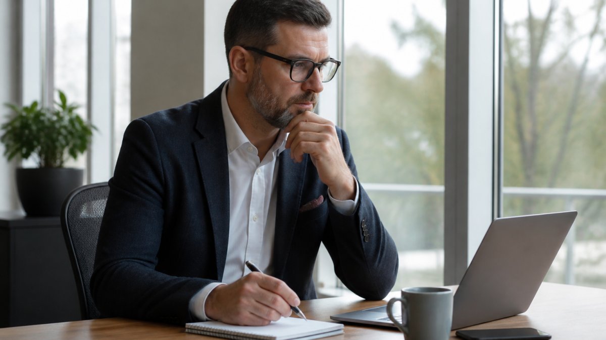 A sales operations manager reviewing a CRM dashboard on a laptop screen in a modern office, with a notebook and coffee on the desk, focused expression