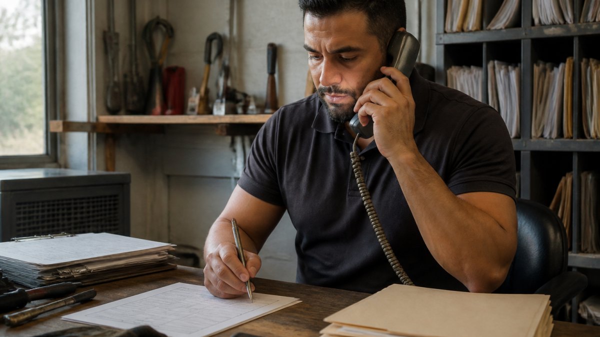 Professional HVAC technician in well-organized office answering phone call while reviewing lead intake form on desk, natural window lighting, organized filing system visible