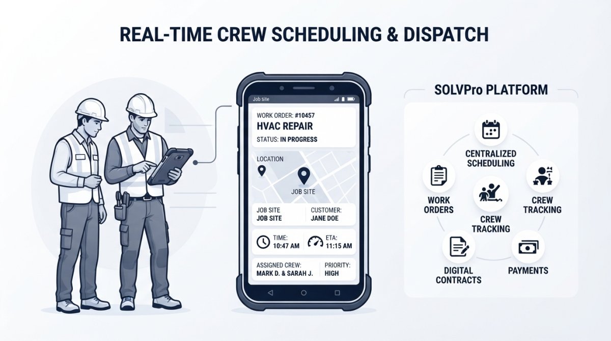 Feature overview showing Field crew members on a job site checking a mobile device showing real-time work order and GPS lo...