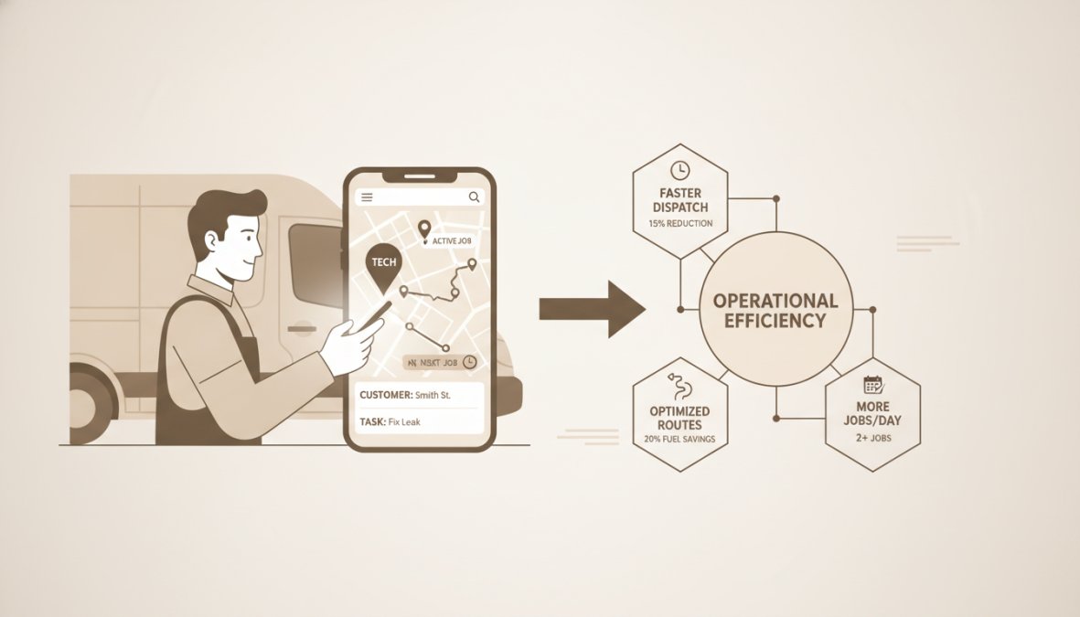 A plumbing technician in a white service van checking a mobile app on a smartphone with GPS tracking active, showing real-time job location and customer details on the screen