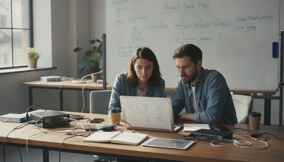 Two professionals collaborating at a shared desk in a bright startup office, one pointing at a laptop screen while the other takes notes on a whiteboard covered in handwritten workflow diagrams, warm overhead lighting