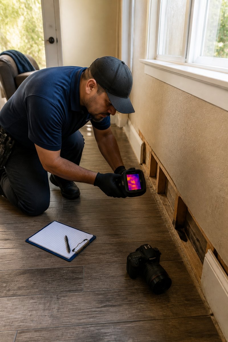 Technician using a thermal camera to document water damage for an insurance claim process in a sunlit home.