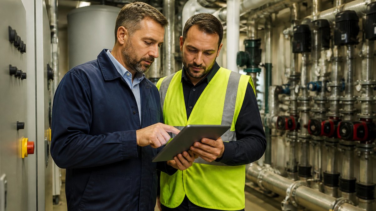 Facility manager and engineer reviewing building services schematics on a tablet inside a plant room