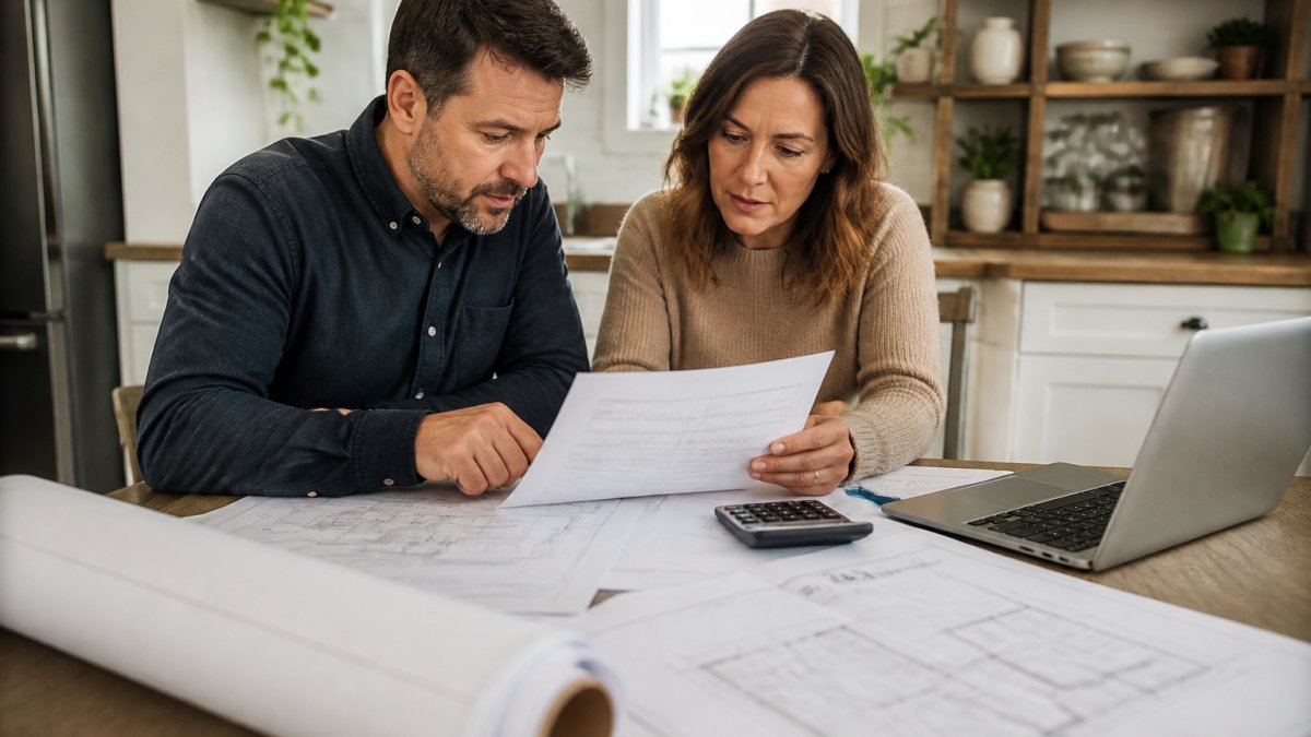 A homeowner and a contractor reviewing a printed budget spreadsheet on a kitchen table with a laptop open beside them, blueprints and a calculator nearby in a bright home office